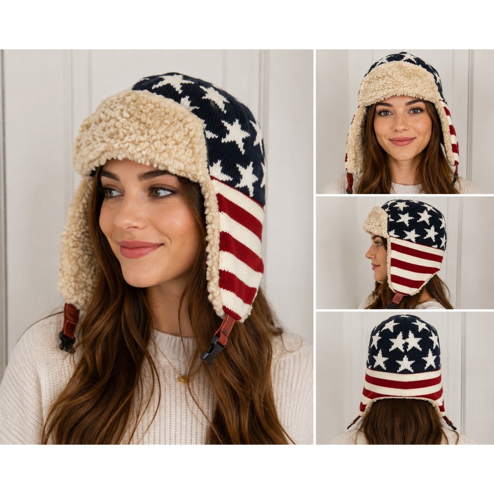 USA American Flag Knit Trapper Hat Faux Shearling Lined Ear Flap Winter Cap Navy